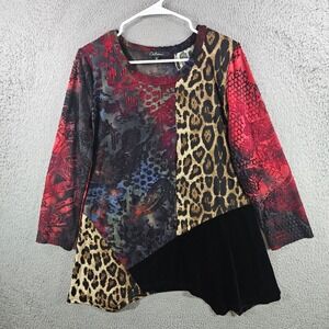 Caleesa Womens Mixed Media Patchwork Tunic Top Leopard Burnout Velvet Red Size M